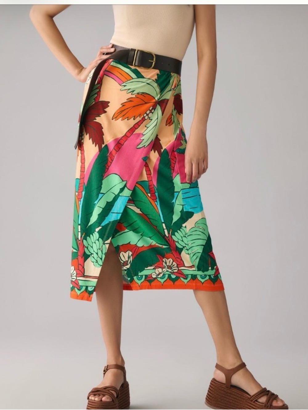 Farm Rio Colorful Tropical Sarong Wrap Midi Skirt - Bold Leaf Print